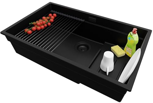 PRIMAGRAN Evier Cuisine en Granit au Meuble 80cm + Kit de Vidage, 76x47cm | Set: Kit de Vidage (Siphon, bonde d’évacuation, trop-plein) + Égouttoir Enroulable + Lavabo 1 Bac - Prague, Tout Noir