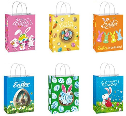 BOOSHMall 12 Stück Geschenktaschen Ostern, Ostertüten zum Befüllen, Ostertüten Papiertüten mit Hasen Blumen Küken, Tragetasche für Kinder, zum Verpacken von Geschenken, Eiersuche, Partyzubehör