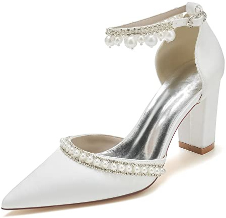 EFLALYHG Escarpins de Mariage en Satin et Strass, Chaussures pour mariée, Bout Pointu, Boucle, soirée Formelle, Talon pour Femmes, Sandales de mariée,A1,41 EU