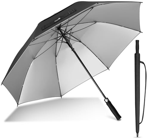ZOMAKE UV Großer Golfschirm Sturmfest,68 inch Sturm Regenschirm Groß Für Herren Damen,UPF 50+UV Schutz Regenschirm für Reisen(Schwarz Silber)