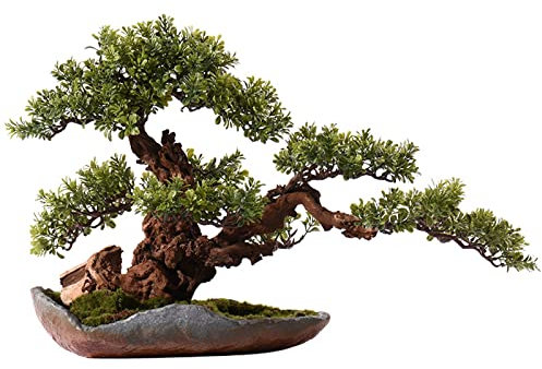Kunstpflanze Bonsai Kiefern-Bonsai-Baum, 39,9 cm hoch, handgefertigter künstlicher Bonsai-Kunstbaum, Silikonblätter und Holzstämme in Vintage-Keramiktöpfen, gefüllt mit künstlichem Moos, for die Dekor