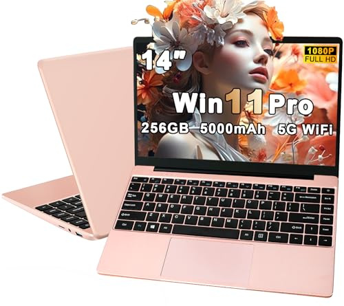 Ordenador Portatil Celeron N4020 Up to 2.8Ghz, Ordenadores Portatiles 14 Pulgadas Win 11 con 5G WiFi 6+256GB SSD Expansión 1TB, BT 4.2 1920*1080 FHD Mini Puerto Multimedia Portatiles Buenos-Oro