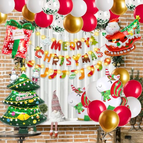 SUNBEAUTY Weihnachten Deko Luftballons Girlande, 45 Stück Ballons +Merry Christmas Banner 2 LED-Lichterketten Weihnachten Grün Weihnachtsbaum Weihnachtsmann Folienballons für Weihnachtsdeko Party Deko