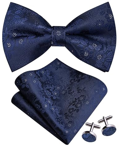 Gusleson Navy Blue Bow Tie and Pocket Square Set for Men Floral Pre-Tied Bowties Cufflinks for Wedding (UK0493-03)