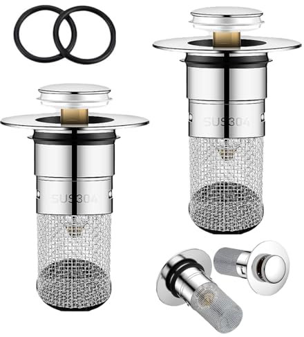 2Stk Waterjake Pop-up Ablaufventil, Waschbeckenstöpsel Abflussstopfen mit Sieb, Bodenablauf Filter aus Edelstahl, Universal Federkern Badewannenstöpsel Abflussstopfen für 34-40mm Abfluss Ablauf