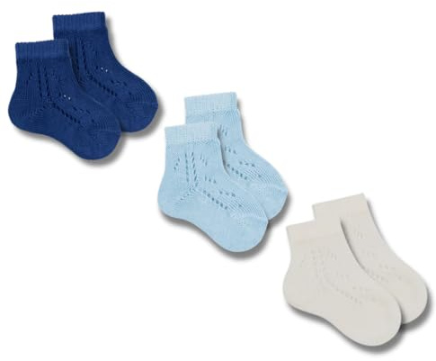 Coccoli | 3 Paia di Calzini Corti Neonato in Cotone Elasticizzato con Motivo Traforato, Calzini Traforati Neonato a Tinta Unita, Made in Italy (azzurro-panna-blu, 20/21)