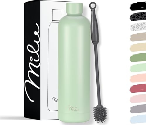 Milu Termo Botella de Agua 500ml - Acero Inoxidable Mantiene 24H Frio / 12H Calor - Aislamiento de Vacío de Doble Pared - Libre BPA - incl. cepillo de limpieza (Lily Green, 1000ml)