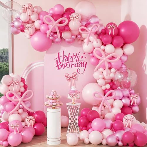 140pcs Bow Hot Pink Balloon Arch Kit, Hot Pink Light Pink Metallic Pink Balloon 18inch Clear Balloons Pink 260 Balloons for Pink Bow Coquette Birthday Decorations Baby Shower Party Decorations