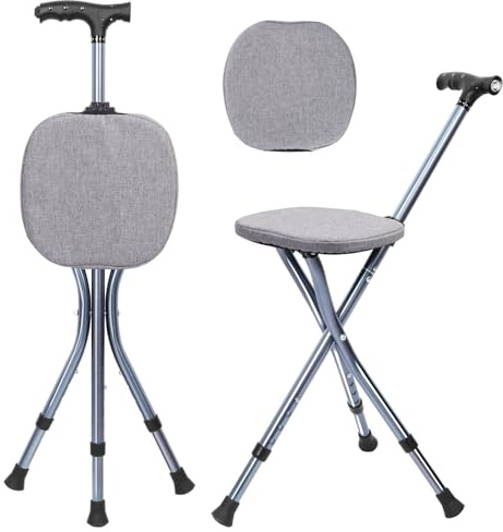 Folding Walking Cane with Seat, Walking Stick with Seat Lightweight for Seniors, Cane Chair with Magnetic Massage Handle & Seat Cover, Height Adjustment, Supports up to 330 Pounds