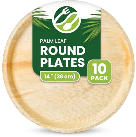 Eco Leaf Lot de 10 assiettes jetables en feuille de palmier de 36 cm, respectueuses de l'environnement, compostables et biodégradables pour pizza, charcuterie et événements, solides, passent au