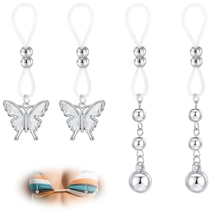 WillTen 3 paia di piercing finto per capezzoli con cuore rosa farfalla, gioielli regolabili senza clip per piercing su anelli per capezzoli, accessori per il body