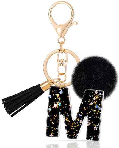 MWOOT Letter Keychain Initiale Buchstaben-Schlüsselanhänger,Alphabet Harz Stern Key Chain,Schwarz Keyring für Frauen