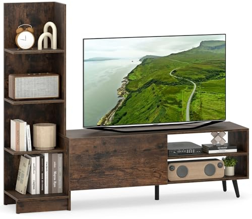COSTWAY Vardagsvägg TV-bord för TV upp till 50 tum, TV-skåp med bokhylla och justerbar hylla, mediakonsolbord, modernt TV-skåp vitt 140 x 31 x 115,5 cm (kaffe)