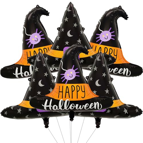 6 PCS Scary Halloween Foil Balloon Decorations Set, Includes Spider Wizard Hat, Star Moon Witch Hat Foil Balloons for Halloween Birthday Baby Shower Masquerade Themed Party Decorations