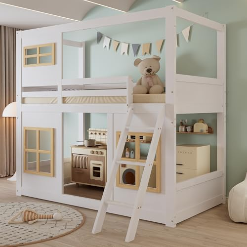 Kinderbett Etagenbett 90x200, Hochbett Hausbett mit 3 Fenstern&Leiter, Einzelbett Holzbett Jugendbett Stockbett Bettgestell Spielbett mit Lattenrost&Rausfallschutz, Kiefer, Ohne Matratze, Weiß+Natur