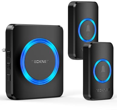 TECKNET Funkklingel, IP65 Funk klingel Kabellose Türklingel 600M Reichweite Aussen Wasserdicht, Haustür Klingel kit mit 1 Plug-In-Empfänger und 2 Sender, 60 Melodien doorbell Mit LED-Blitz