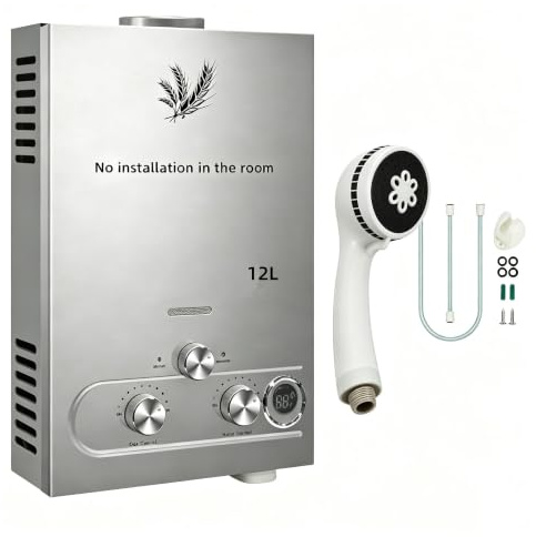 12L 24KW Calentador de Agua de Gas GLP Butano y Propano Calentador de Agua Calentador de Agua LPG Instantáneo Portátil,Modos de Invierno y Verano,para Ducha Al Aire Libre,Baño,Camping