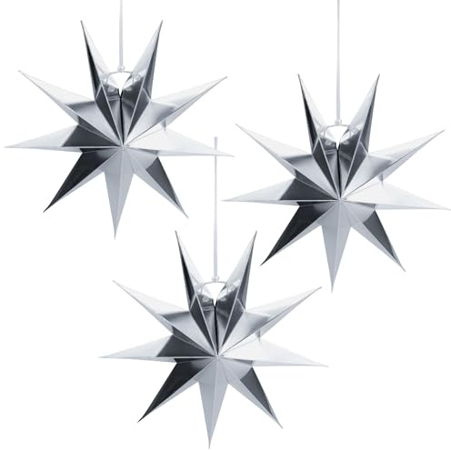 3 Pcs Silver Paper Stars Lantern 12 inch Christmas Hanging Decorations 9-Pointed Paper Stars for Wedding Birthday Party Home Decor, Mirror Star Ornaments