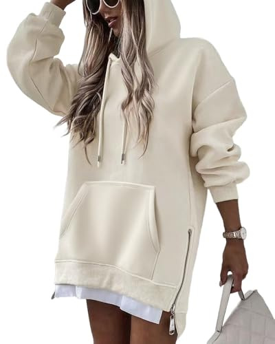 CHICME Womens Oversized Long Hoodie Dress Fall Outfits Comfrt Pullover Sweatshirt Winter Clothing-Ap-L Apricot