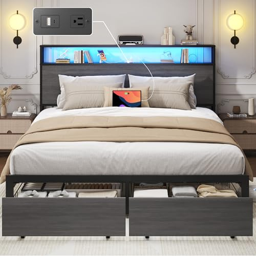 Lifezone Queen Bed Frame with 2-Tier Storage Headboard, Bedroom Metal Bed Frame with 2 Storage Drawers & Fast-Charging Station & LED, Noise-Free, No Box Spring Needed, Easy Assembly, Rustic Grey