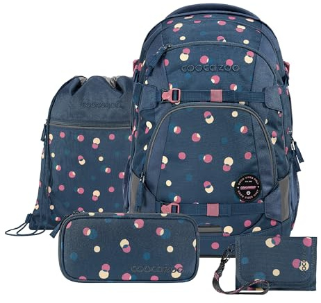 Coocazoo Schulrucksack-Set MATE „Bubble Dreams“ 4-tlg., schwarz, ergonomischer 30L Tornister, höhenverstellbar mit Hüftgurt für Kinder ab der 5. Klasse, inkl. Federmäppchen, Turnbeutel und Geldbörse