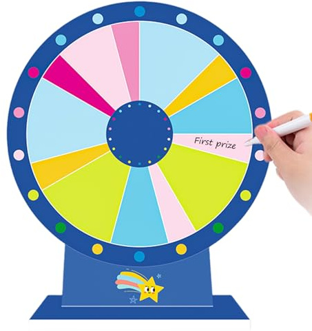 Rwigeboo Ruota dei premi, Ruota Girevole cancellabile da Tavolo da 12 Pollici e 13 Slot con Penna per Lavagna, Gioco a premi Riutilizzabile con Supporto per Carnevale, Fiera, colorato