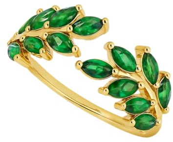Bague Feuilles de Laurier Femme Plaqué Or 18K – Zirconium Vert Marquise – Design Ouvert Réglable – Bijou Nature Élégant