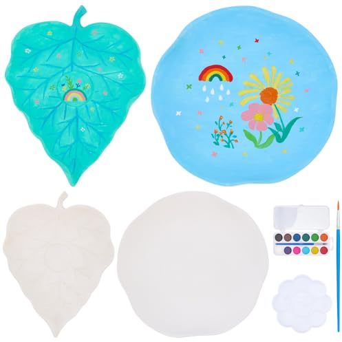 WEBEEDY 2 Styles Leaf Flower Ceramic Plate Painting Kit DIY Paint Your Own Ceramics Jewelry Dish with 12 Colors Acrylic Paints, DIY Porcelain Plates Arts Crafts Kit for Home Decor, 11x14.5cm, 14.4cm