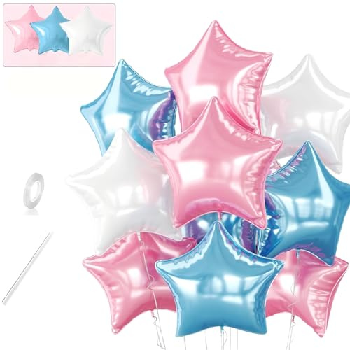 10pcs 18 Inch Star Foil Balloons - Metallic Pink Blue White Party Decorations, Self Sealing for Birthday Christmas, Anniversary