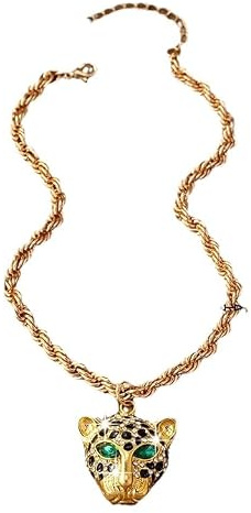 Collar de cuerda de cabeza de leopardo dorado para mujer, colgante de animal vintage con ojos verdes y cristales negros, estilo retro punk para fiestas diarias