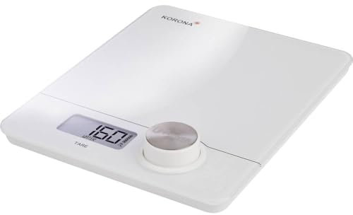 Korona 76160 Elektrische Küchenwaage Pia | Batterielos und umweltfreundlich dank Power Button | Weiß | Digitales LCD-Display | Bis 5 kg | TARA-Funktion | (L x B x H) 230 x 190 x 20 mm