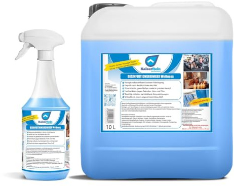 KaiserRein Desinfektionsreiniger Wellness 10 L Kanister inkl. 1 L Sprühflasche Set Desinfektionsmittel für Oberflächen, Liegen, Türklinken, Fitnessgeräte, Toiletten usw.