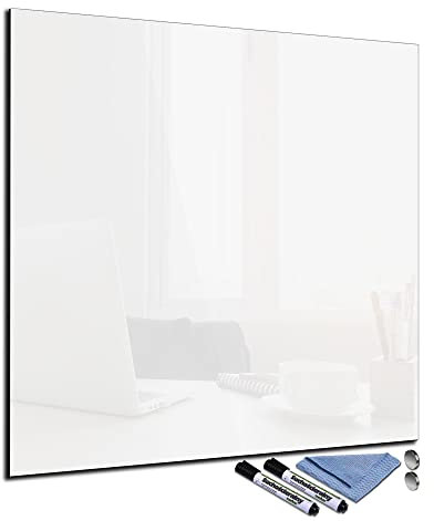 Glas-Magnettafel 80x80 cm Whiteboard Wand Beschreibbar Quadratisch Magnetisch Küche Office Büro mit Zubehör Wochenplaner Abwischbar Deko Memoboard Tafel Weiß