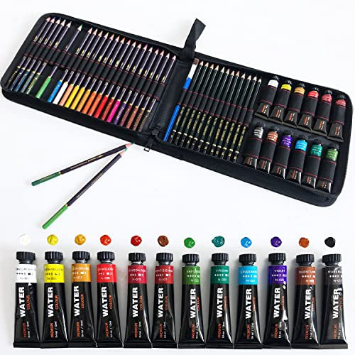 Pinturas de Acuarelas,Lápices de dibujo y Lapices colores Set,12 Tubos 12 ml,24 lápices de acuarela,12 lápices de dibujo en estuche con cremallera, kit para artistas