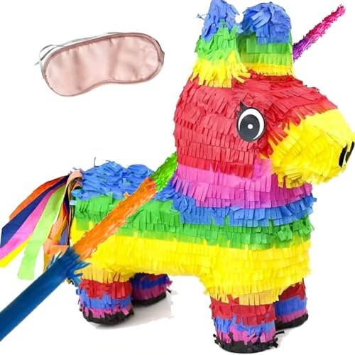GIFTEXPRESS 16 Rainbow Donkey Pinata- Benito the Donkey - with Full-Size 33 Pinata Stick and Blindfold- Mexican Theme Party Decoration for Birthdays, Fiestas & Cinco de Mayo - Kids Party Favors