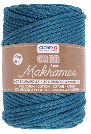 GLOREX 5 1006 19 - Makramee Cord, 500 g, 5 mm, Länge 85 m, türkis, rundgestricktes Textilgarn aus 60 % Baumwolle, 40 % Viskose und Polyester, zum Häkeln, Stricken, Knüpfen und Gestalten
