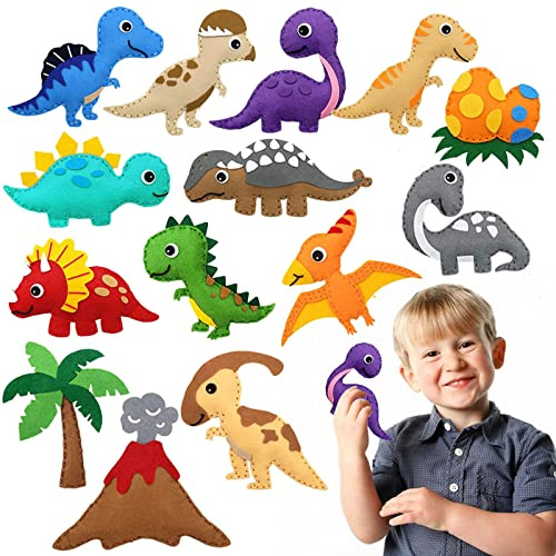 EQLEF Nähset Kinder Nähset, Dinosaurier Nähen Kinder Set Mein Erstes Filz Bastelset Pädagogisches für Anfänger Jungen Mädchen (14 Stück)