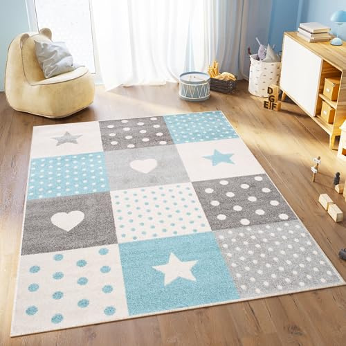 TAPISO Lazur Kinderteppich Kurzflor Sterne Grau Blau Herz 200 x 290 cm | Patchwork Jugendzimmer Kinderzimmer Modern Design OEKO-TEX