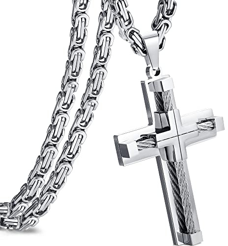 Roheafer Kreuz Kette Herren, 316L Edelstahl Kreuz Anhänger, Gold, Silber, Schwarz Byzantinische Kette Halskette für Herren Jungs 61cm