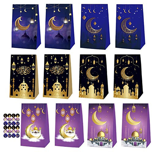 Eid Mubarak Geschenktüten, 12 Stücke Ramadan Papiertüten, Taschen Tüten mit 24 Aufkleber, Eid Mubarak Favor Taschen, Ramadan Candy Tasche, Geschenkverpackung für Eid Mubarak Party