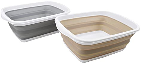 SAMMART 10L (2.6 Gallons) Set of 2 Collapsible Tub - Foldable Dish Tub - Portable Washing Basin - Space Saving Plastic Washtub (Grey + Latte (Set of 2), 2)