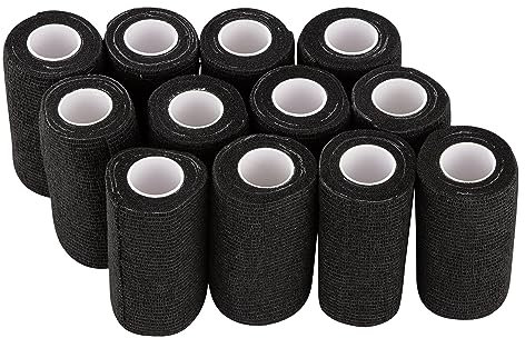 PHYTOP 12 Rollen Selbsthaftende Bandage, Selbsthaftender Verband 10cm x 4,5m, Selbstklebende Bandage für Socken, auch für Pferde & Hunde als Selbsthaftende Fixierbinde (schwarz)