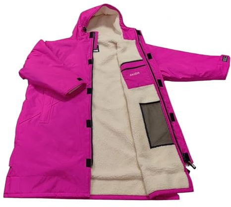 Vattentät överdimensionerad badrock, vuxen vindtät surfponcho med huva badhandduk - simning, surfing, OCR-evenemang - långa ärmar (L, rosa/vit)