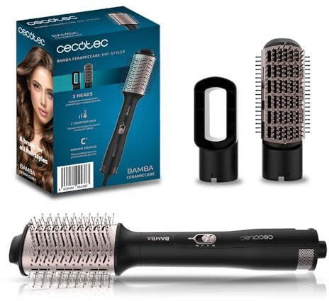 Cecotec Cepillo de Aire 3 en 1 Bamba CeramicCare 3in1 Styler, 1200 W, Alisa, Ondula y Seca el Cabello, 3 Cabezales Intercambiables, 3 Temperaturas y 2 Velocidades, Revestimiento de Cerámica