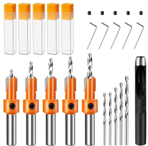 8mm Set di Punte da Trapano Svasate per Falegnameria, Punte da Trapano Affusolate con Chiave Esagonale e Vite, HSS per Lavorazione del Legno Set di Punte Regolabile per Legno, Plastica, Fori