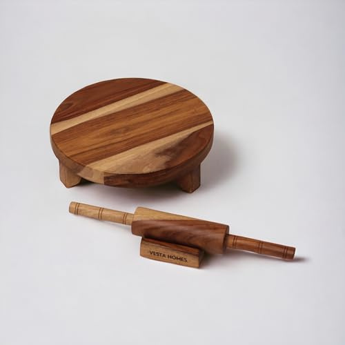 Vesta Homes Chakla Belan - Juego de madera maciza para cocina, tabla rodante Roti de madera maciza de alta calidad con soporte, 10 x 10 x 3, 13 x 1.75 pulgadas, sin pulido químico, hecho a mano en la