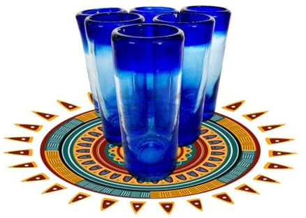 Hand Blown Mexican Tequila Shot Glasses - Set of 6 Cobalt Blue Rim (3oz) - Authentic Artisanal Recycled Glass for Mezcal & Fiesta Decorations