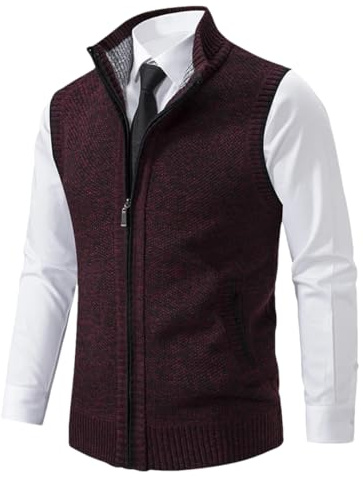 Disimlarl Suéter de punto sin mangas de lana con cremallera para hombre, cárdigan pulóver, cuello alto, chaleco de punto, L