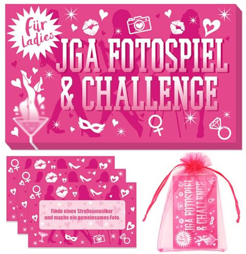 HOWAF JGA Spiele Frauen - Witziges, Nicht peinliches Spiel zum Junggesellenabschied Frauen - 38 Fotoaufgaben JGA Fotospiel Selfie Spiel + 2 Blanko-Karten + 10 Challenge für Braut & Team Bride