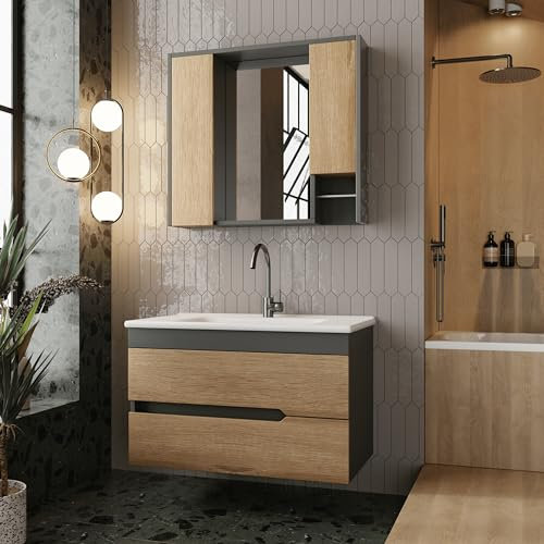 Badezimmermöbel Set Marmara 85 Anthrazit| Keramikwaschbecken | Unterschrank | Spiegelschrank | Handtuchstange|Softclose-Schubladen & -Türen, Griffmulden | Natürlicher Stil | Badmöbel Waschtisch